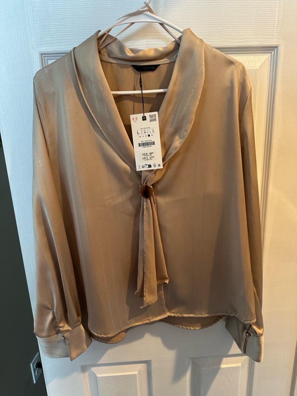 Zara Beige Metallic Tie-Neck Blouse